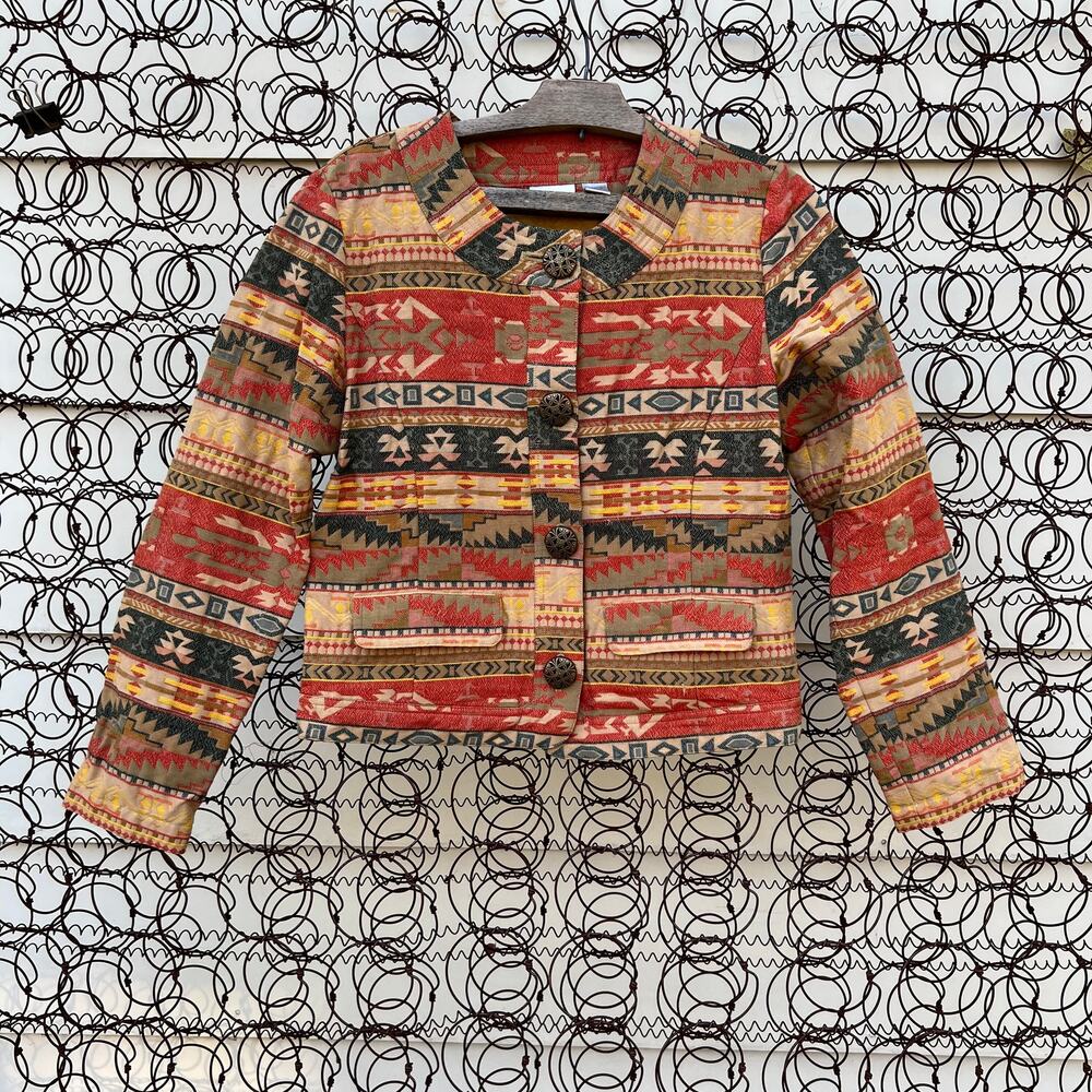 Chicos tribal Aztec boho blazer jacket sunset orange gold Size 0 / SMALL